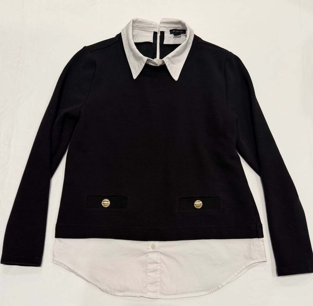 Ann Taylor Black Ribbed Collared Twofer Sweater Top XSP